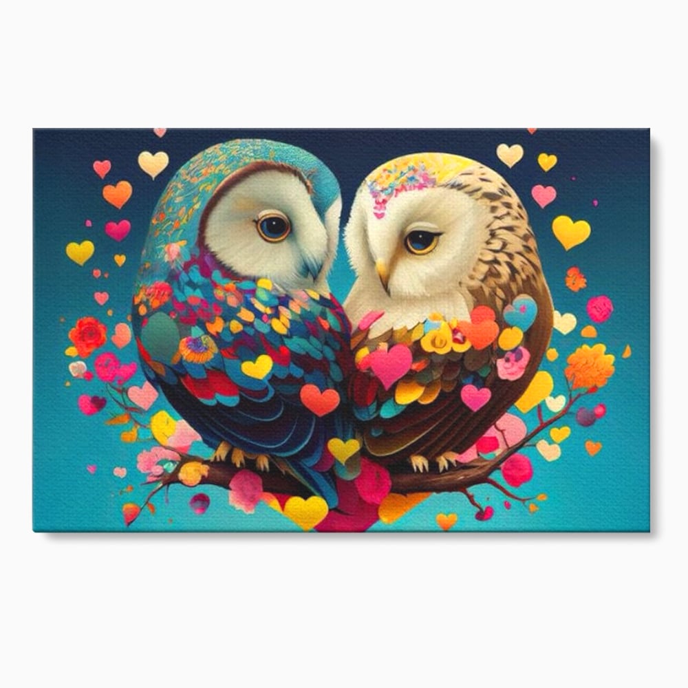 Tablou canvas cu tablou canvas cu doua bufnite colorate si inimi, fara rama, pe sasiu de lemn